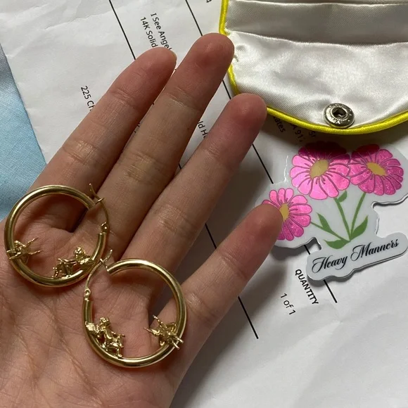 I see Angels on the moon hoops earrings 14 gold 14k Solid Gold Crescent Moon Face Huggie Hoop Earrings  main image 3